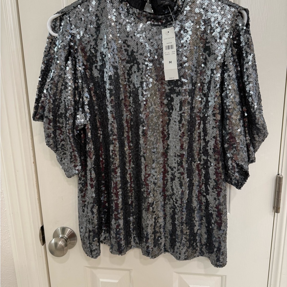 Ann Taylor Silver Sequin Blouse with Flutter Sleeves